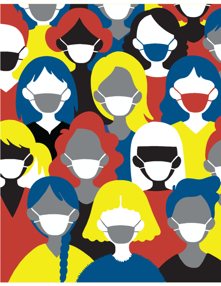 colorful animated people in masks graphic