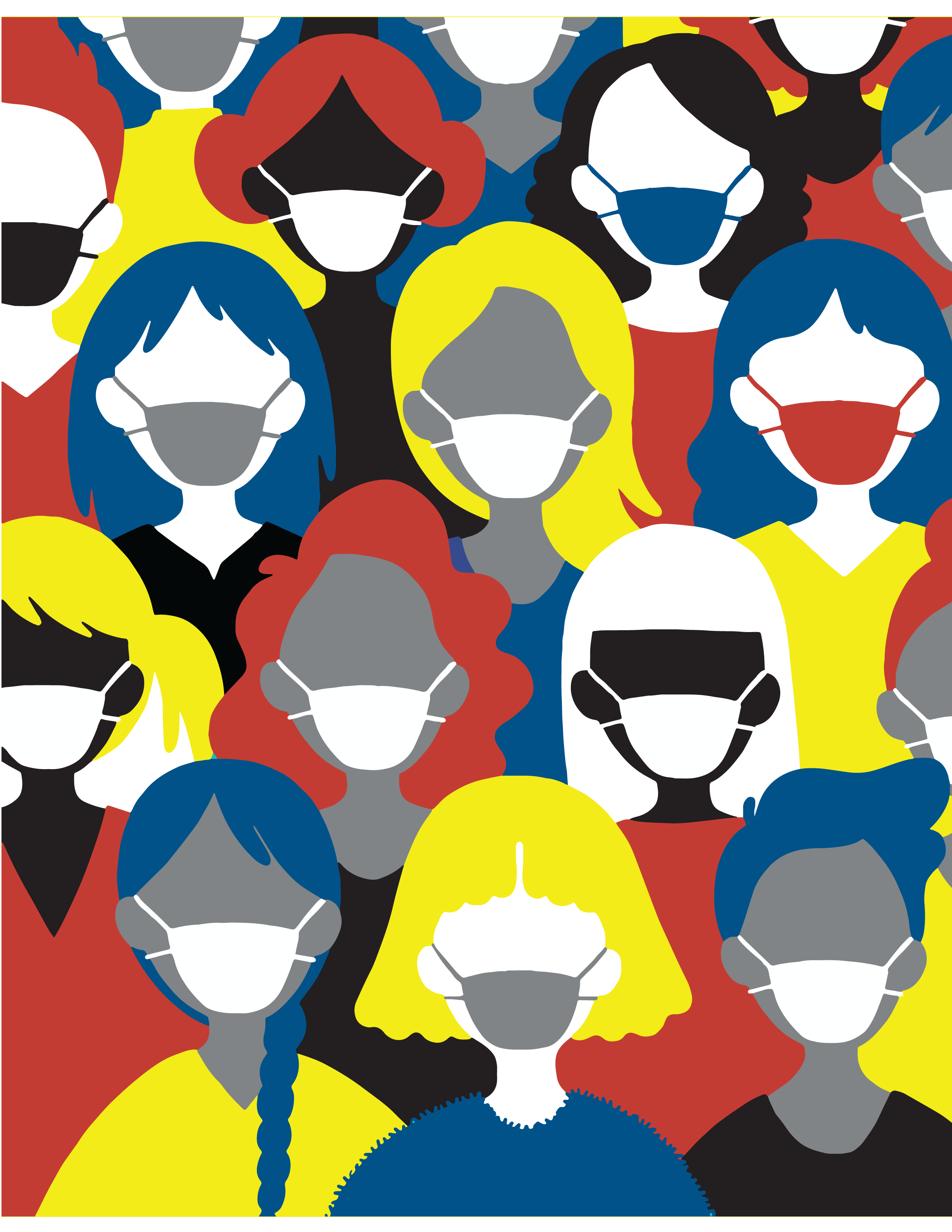 colorful animated people in masks graphic